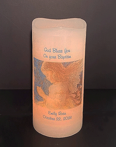 Baptism or Christening Personalized 4 x 8 Flameless LED Candle with Angel