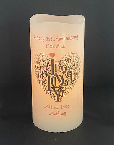 "I Love You" Personalized Anniversary or Wedding 4 x 8 Flameless LED Candle