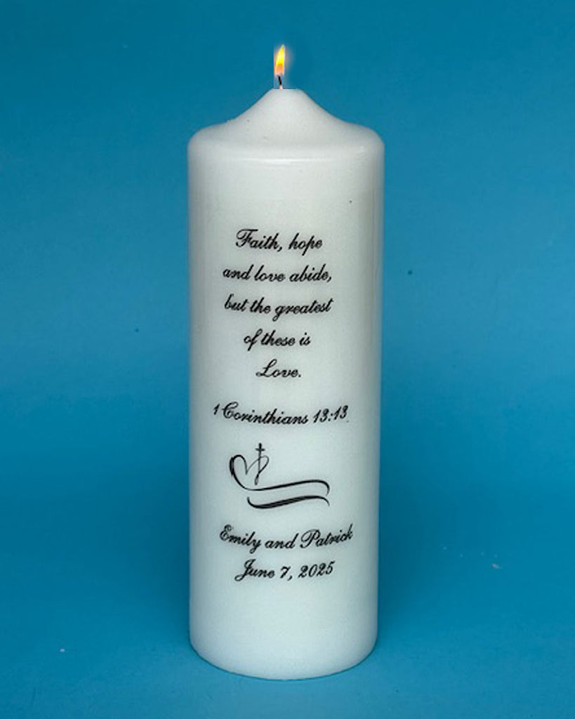Cross and Heart Wedding Unity Candle & Tapers, FREE PERSONALIZATION, Choice of Verse, White or Ivory