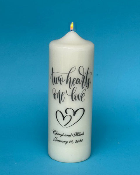 "Two Hearts One Love" Unity Candle and Tapers, FREE PERSONALIZATION, white or ivory