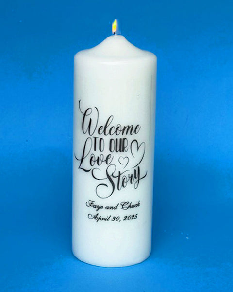 "Welcome to Our Love Story Wedding Candle & Tapers, FREE PERSONALIZATION, White or Ivory
