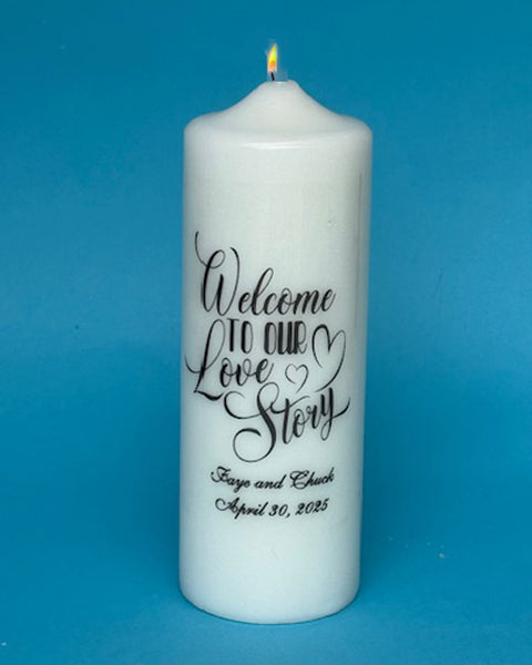 "Welcome to Our Love Story Wedding Candle & Tapers, FREE PERSONALIZATION, White or Ivory