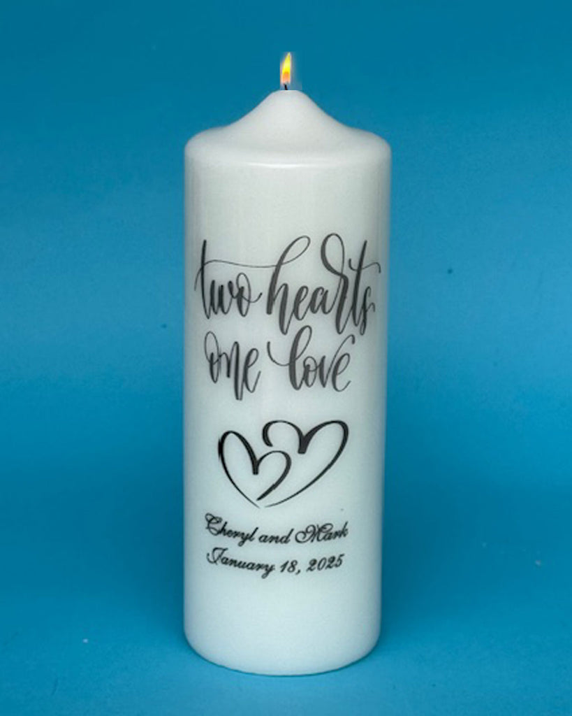 "Two Hearts One Love" Unity Candle and Tapers, FREE PERSONALIZATION, white or ivory