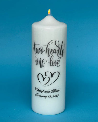 "Two Hearts One Love" Unity Candle and Tapers, FREE PERSONALIZATION, white or ivory