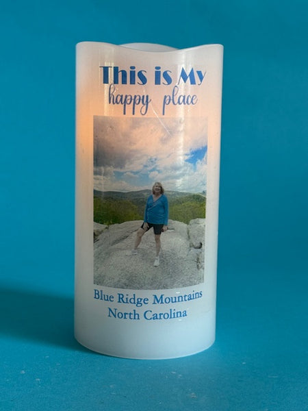 Custom LED Memory Candle with Photo & Text for Vacations, Family Reunions, Centerpieces, Milestones, More