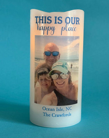 Custom LED Memory Candle with Photo & Text for Vacations, Family Reunions, Centerpieces, Milestones, More