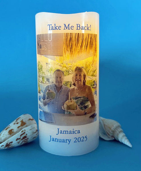 Custom LED Memory Candle with Photo & Text for Vacations, Family Reunions, Centerpieces, Milestones, More