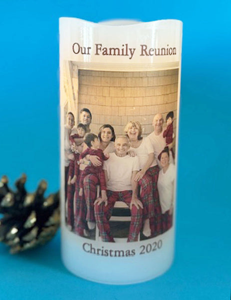 Custom LED Memory Candle with Photo & Text for Vacations, Family Reunions, Centerpieces, Milestones, More