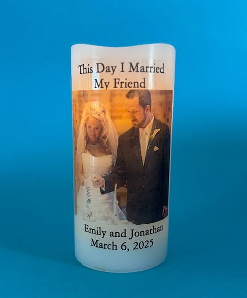 Custom LED Memory Candle with Photo & Text for Vacations, Family Reunions, Centerpieces, Milestones, More