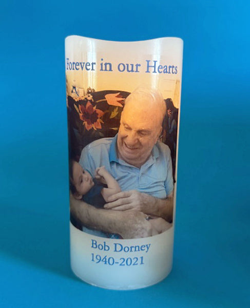 Custom LED Memory Candle with Photo & Text for Vacations, Family Reunions, Centerpieces, Milestones, More