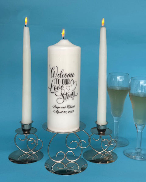 "Welcome to Our Love Story Wedding Candle & Tapers, FREE PERSONALIZATION, White or Ivory
