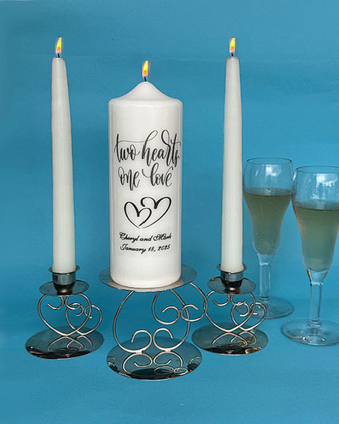"Two Hearts One Love" Unity Candle and Tapers, FREE PERSONALIZATION, white or ivory