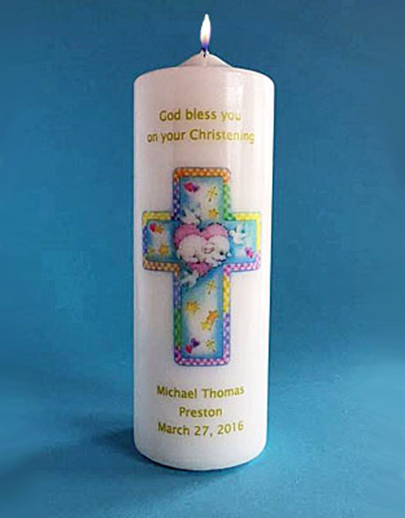 Personalized Baptism Candle with Cross and Lamb, white or ivory