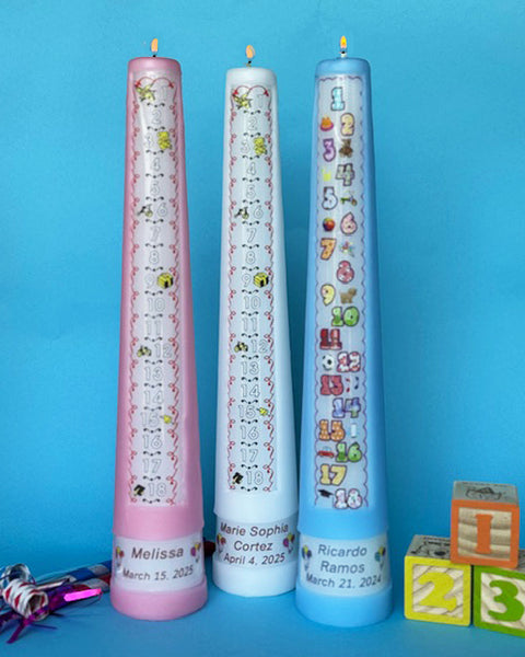 1-18 YEAR PERSONALIZED COUNTDOWN BIRTHDAY CANDLES, Choose from Two Styles and Three Colors