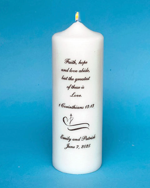 PERSONALIZED Cross and Heart Graphic with Pillar & Tapers, Choice of Verse, White or Ivory