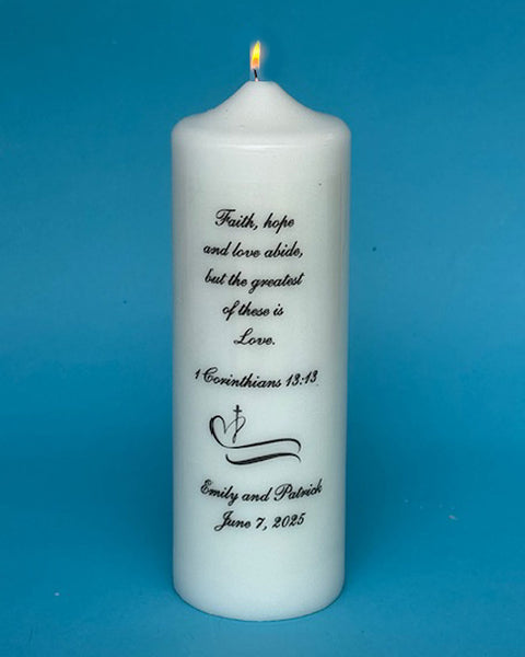 PERSONALIZED Cross and Heart Graphic with Pillar & Tapers, Choice of Verse, White or Ivory