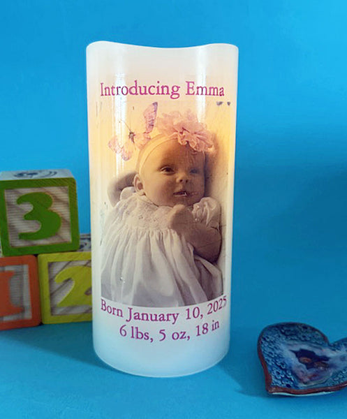 Custom LED Memory Candle with Photo & Text for Vacations, Family Reunions, Centerpieces, Milestones, More