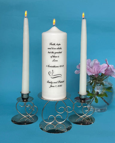 PERSONALIZED Cross and Heart Graphic with Pillar & Tapers, Choice of Verse, White or Ivory