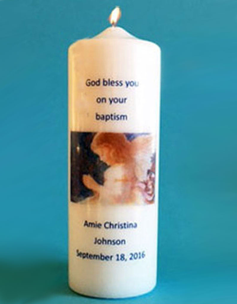 Personalized baptism candle with angel, white or ivory