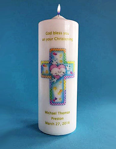 Personalized Baptism Candle with Cross and Lamb, white or ivory