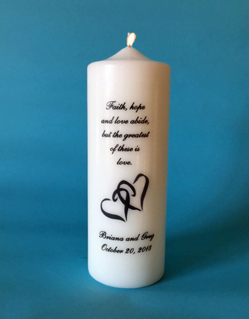 Personalized Double Heart Wedding Unity Candle Set with choice of verse, white or ivory