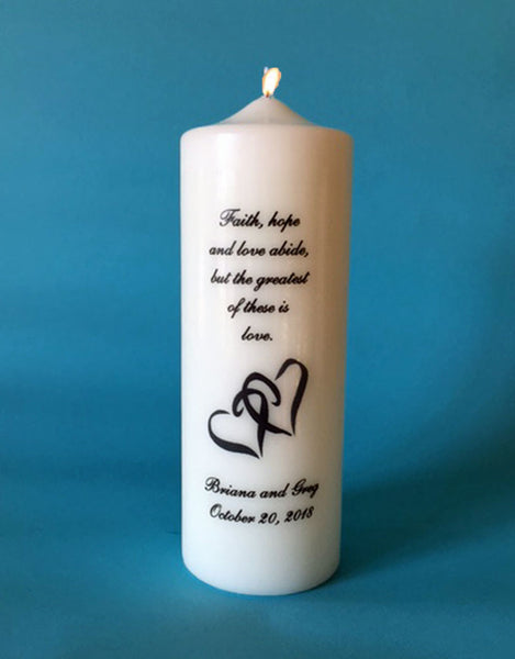 Personalized Double Heart Wedding Unity Candle Set with choice of verse, white or ivory