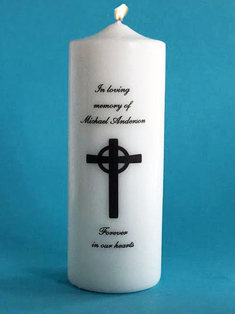 Personalized Memorial Candle with Cross, white or ivory