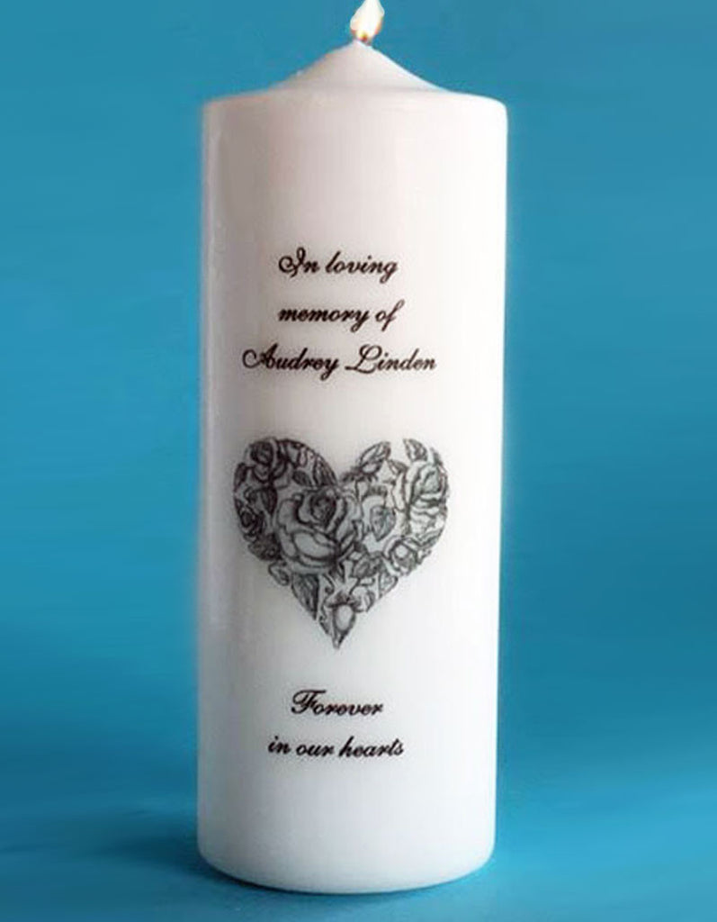 Personalized Memorial Candle with Victorian Heart, white or ivory