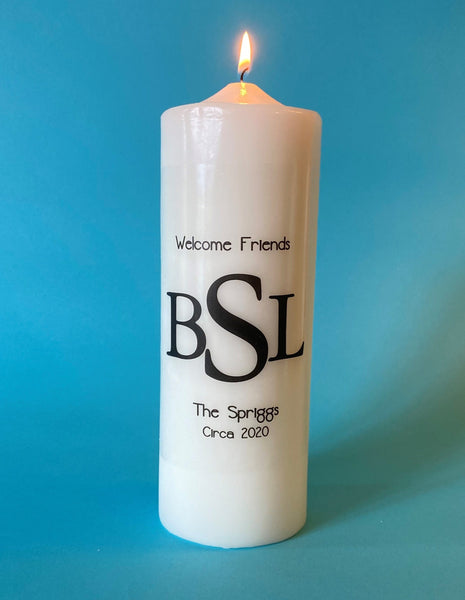 Monogrammed Candle, Three Initials in Bold Font, Choice of Ink and Candle Color, Custom Text