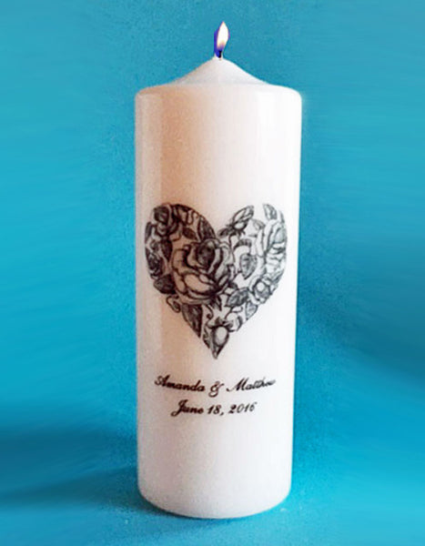 Personalized Victorian Heart Wedding Candle, white or ivory