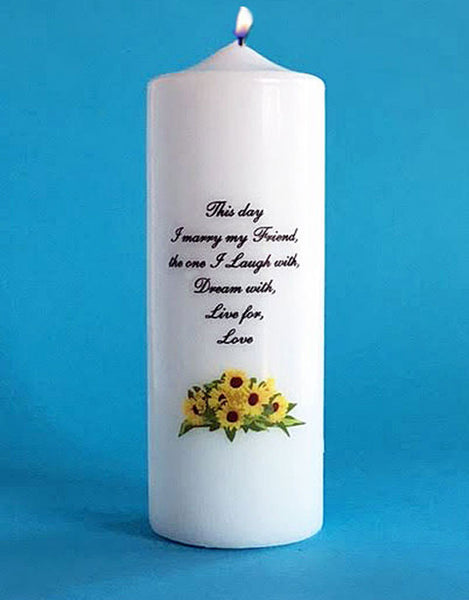 Wedding unity candle with sunflowers and This Day I Marry my Friend verse